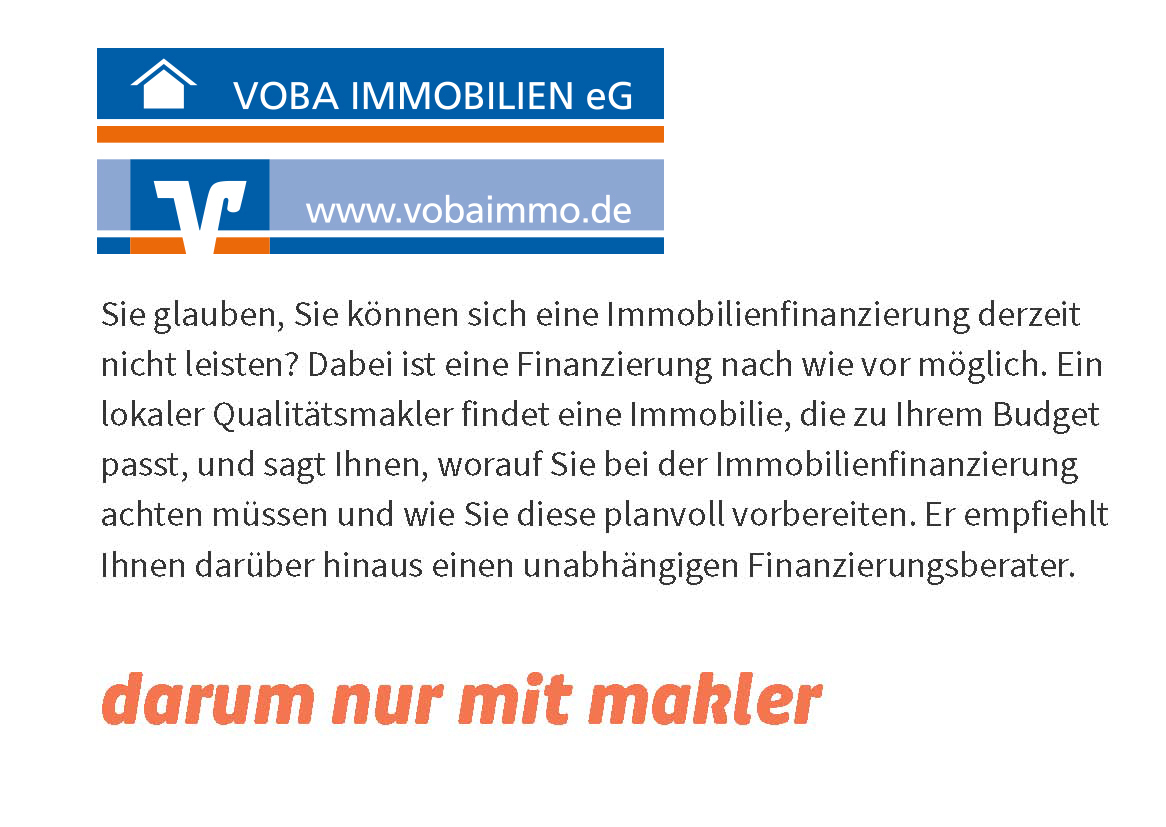 Sie glauben, Sie können sich eine Immobilienfinanzierung derzeit nicht leisten? Dabei ist eine Finanzierung nach wie vor möglich. Ein lokaler Qualitätsmakler findet eine Immobilie, die zu Ihrem Budget passt, und sagt Ihnen, worauf Sie bei der Immobilienfinanzierung achten müssen und wie Sie diese planvoll vorbereiten. Er empfiehlt Ihnen darüber hinaus einen unabhängigen Finanzierungsberater.