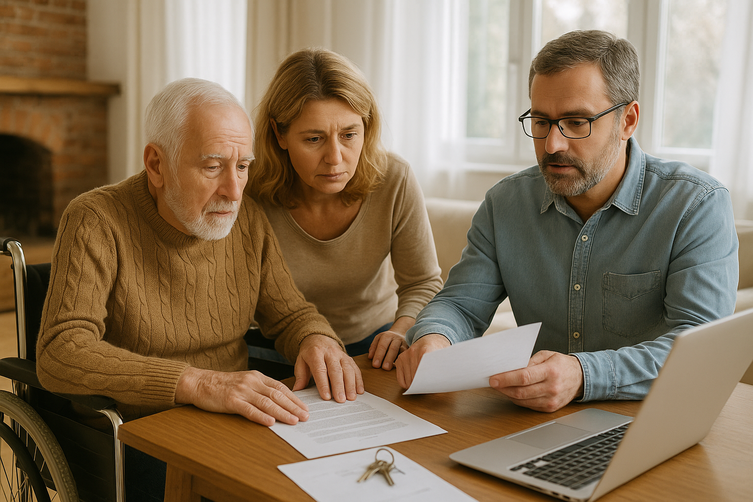 Eine Familie sitzt gemeinsam am Tisch und bespricht wichtige Unterlagen mit einem älteren Angehörigen im Rollstuhl. Vor ihnen liegen Dokumente, ein Laptop und Hausschlüssel. Die Stimmung wirkt ernst und unterstützend.