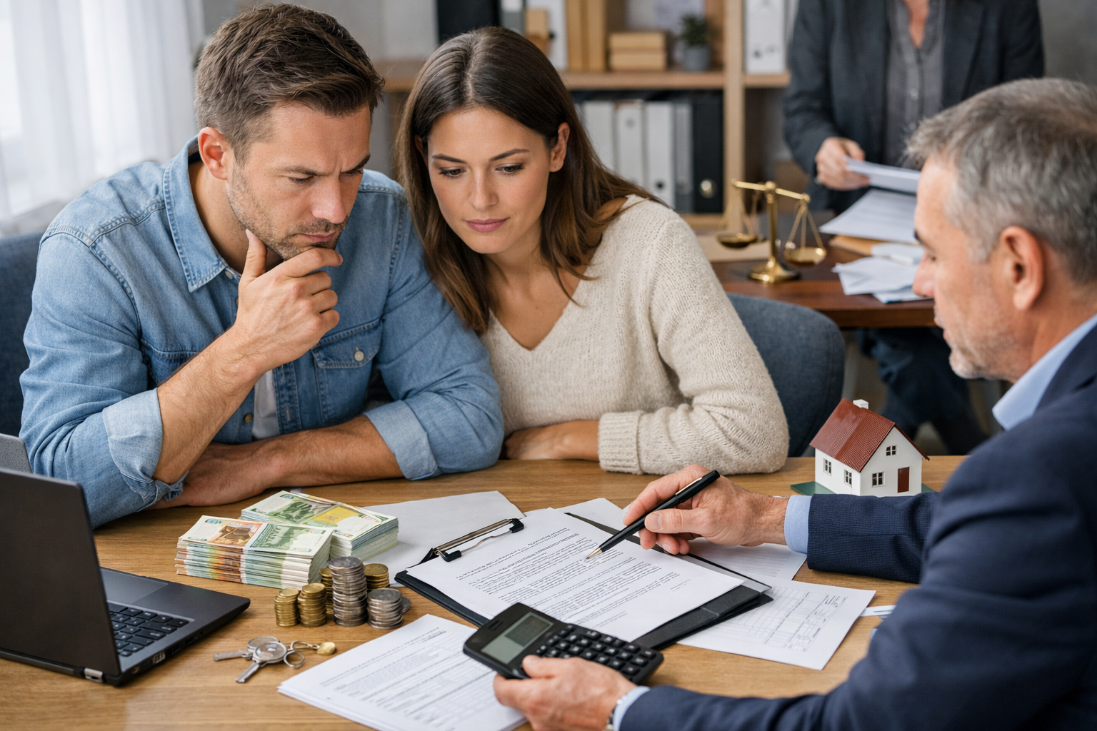 Paar bespricht mit einem Berater die Kosten eines Immobilienkaufs, mit Verträgen und Euro-Geld auf dem Tisch.