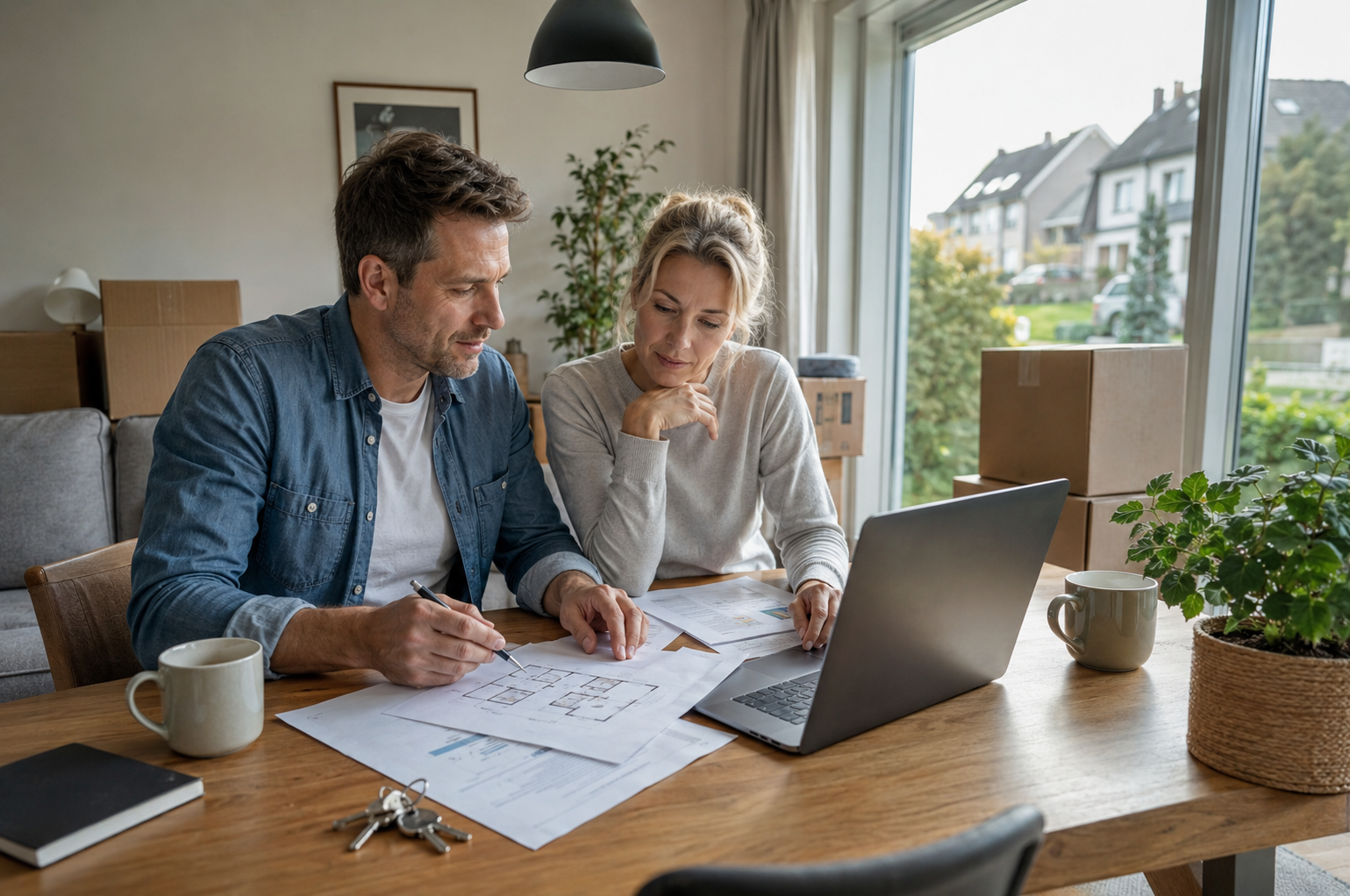 ChatGPT Image 12. Juni 2026, 09_27_42 Ein Paar sitzt in einem hellen Wohnraum an einem Holztisch und prüft gemeinsam Finanzierungsunterlagen und Grundrisse. Ein Laptop, Kaffeetassen und Hausschlüssel liegen auf dem Tisch, während Umzugskartons im Hintergrund den bevorstehenden Immobilienwechsel andeuten.