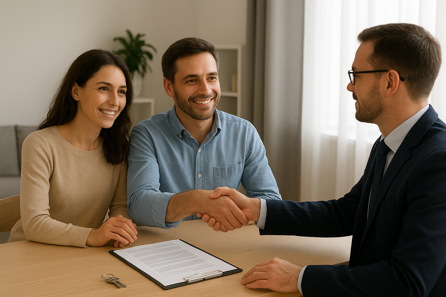 Ein Immobilienmakler bespricht mit einem Paar die Details eines Hausverkaufs. In einer modernen, hellen Umgebung herrscht eine positive und vertrauensvolle Stimmung – ein Moment der Einigung und Zusammenarbeit.