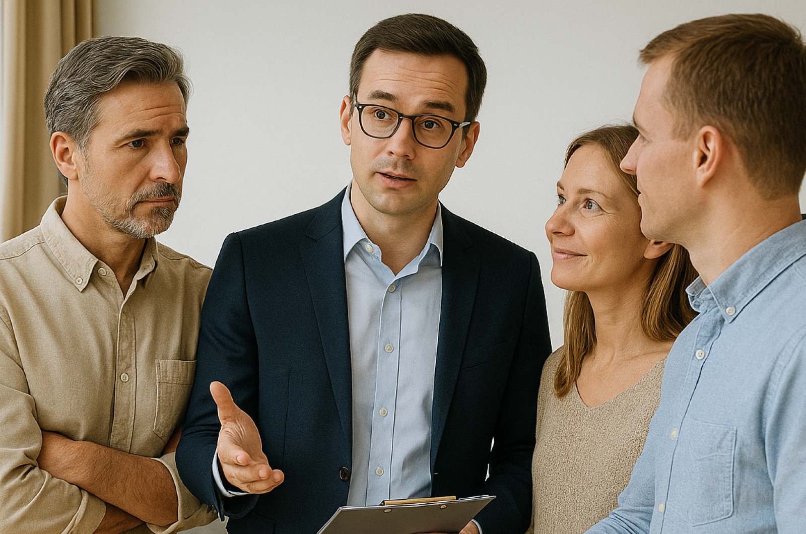 Ein Immobilienmakler spricht mit zwei Interessenten in einem modernen, hellen Wohnzimmer.