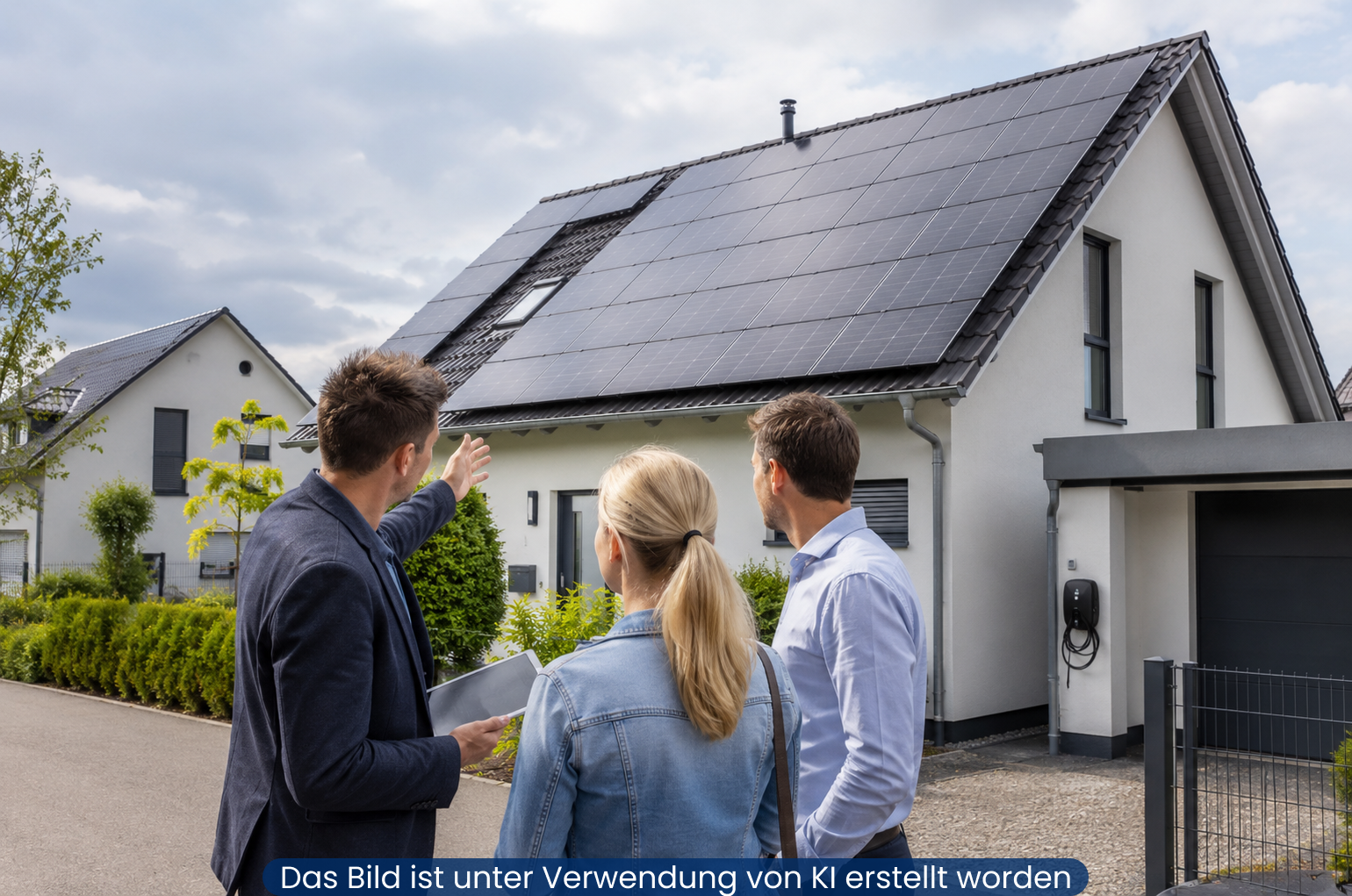 Immobilienmakler berät Kaufinteressenten vor einem modernen Einfamilienhaus mit Photovoltaikanlage auf dem Dach und Wallbox an der Garage.
