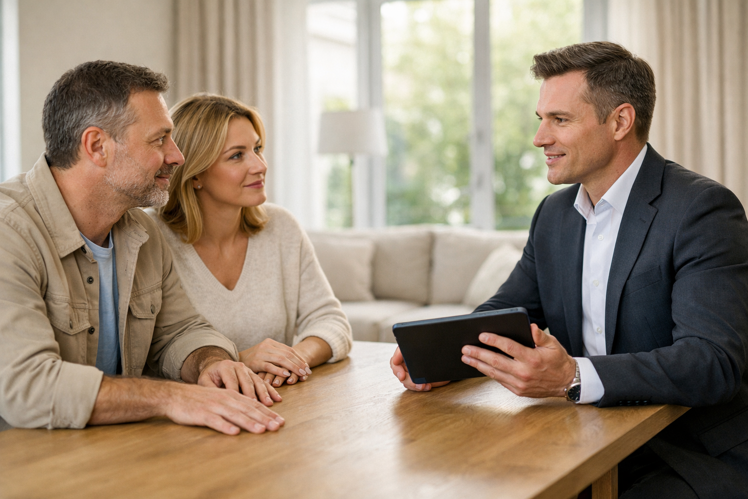 ChatGPT Image 18. Feb. 2026, 15_29_41 Professioneller Immobilienberater im dunklen Business-Anzug präsentiert einem Ehepaar in einem hellen, modernen Wohnzimmer Immobilieninformationen auf einem Tablet. Das Paar sitzt aufmerksam an einem hellen Eichentisch und hört interessiert zu. Natürliches Tageslicht, neutrale Farbtöne und eine vertrauensvolle, hochwertige Atmosphäre.