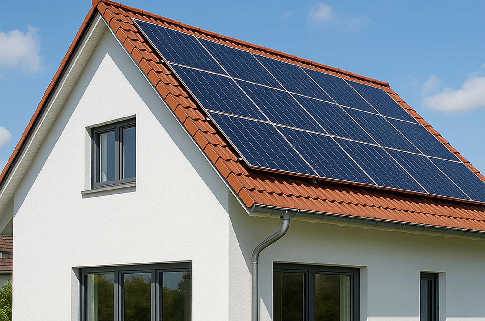 Modernes Einfamilienhaus mit Solarpanelen auf dem Dach als Beispiel für energetische Sanierung
