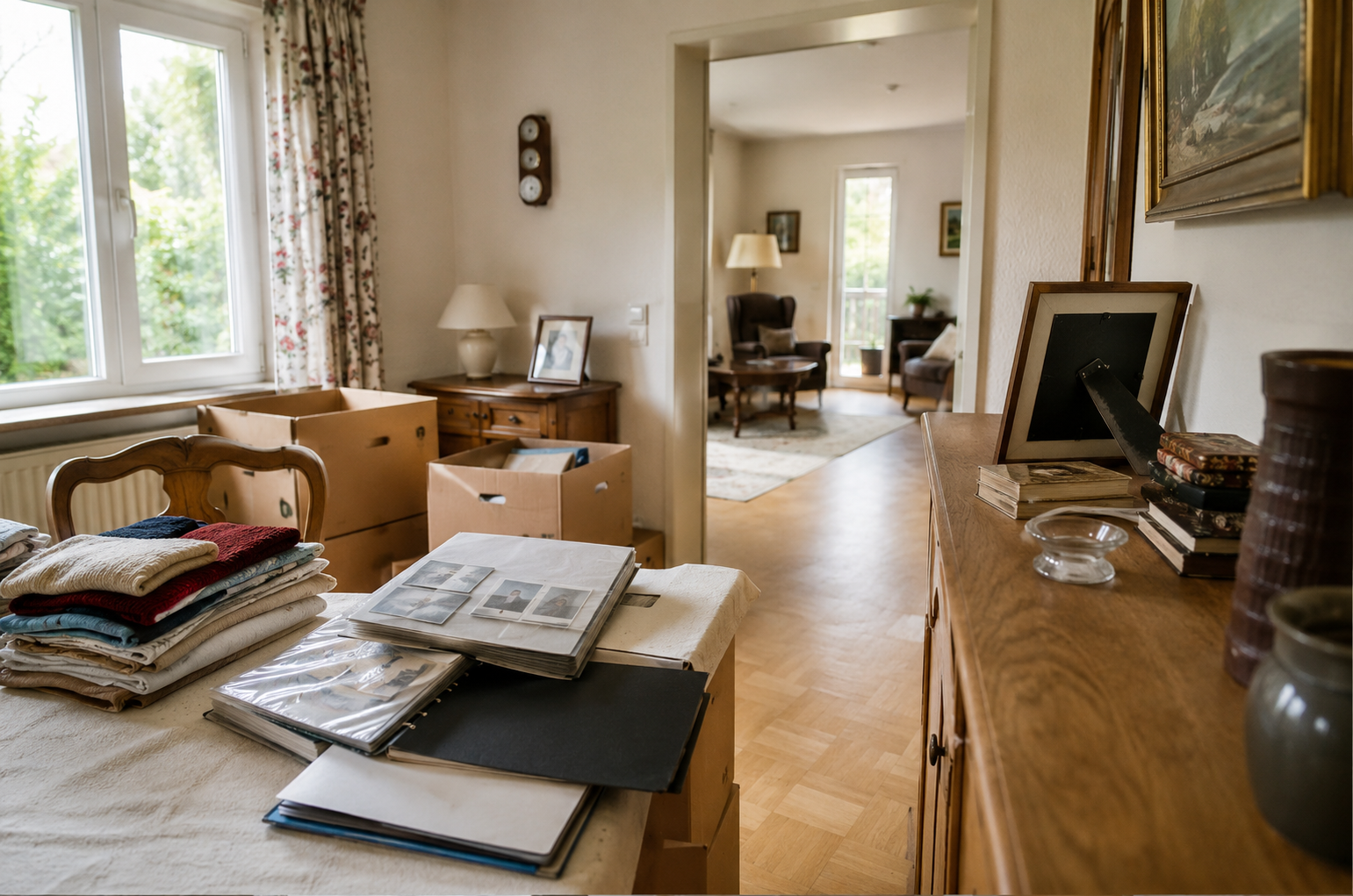ChatGPT Image 19. Juni 2026, 13_23_51 Ein heller Raum in einem älteren, gepflegten Wohnhaus mit Umzugskartons, sortierten Unterlagen, Fotoalben und gefalteten Textilien. Die Szene zeigt eine sorgfältige Haushaltsauflösung nach einem Erbfall und vermittelt, wie wichtig Ordnung, Planung und eine gepflegte Präsentation vor dem Immobilienverkauf sind.