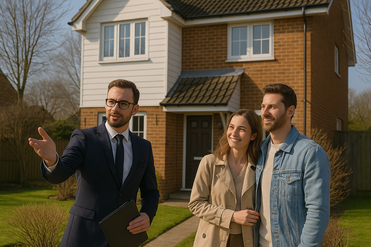Ein Immobilienmakler im Anzug zeigt einem jungen Paar ihr mögliches neues Zuhause im Frühling.