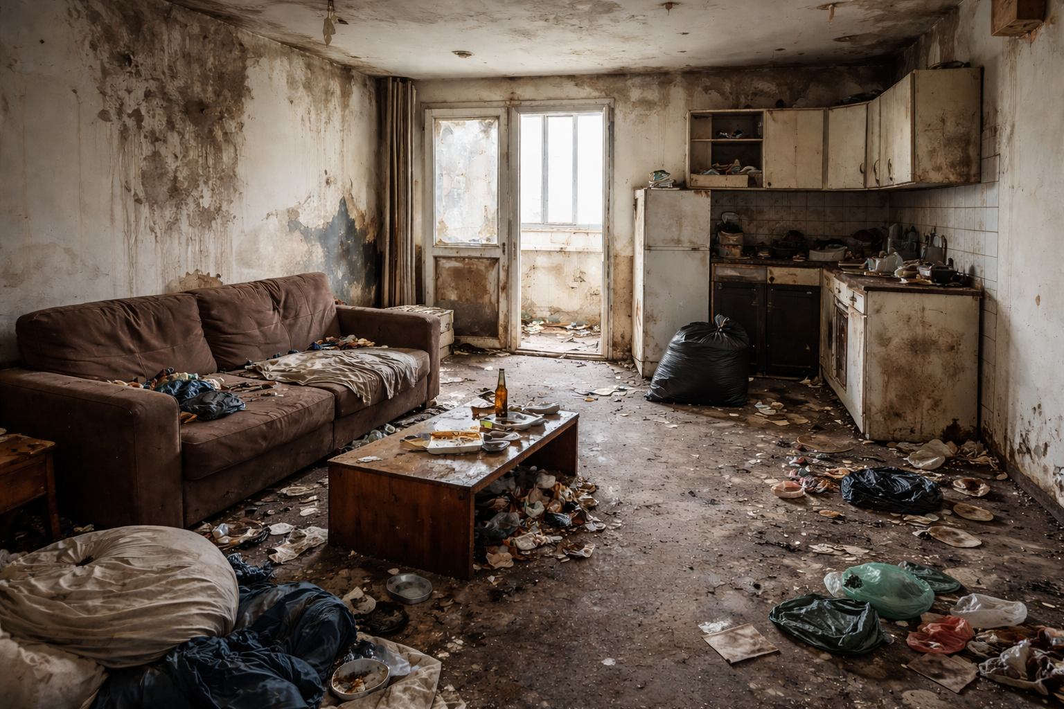 Alt-Text: Ein verlassener, stark heruntergekommener Wohnraum mit offener Küche. Die Wände sind verschmutzt und teilweise von Schimmel oder Feuchtigkeit gezeichnet. Ein abgenutztes Sofa steht links im Raum, davor ein niedriger Tisch mit vereinzelten Essensresten und Flaschen. Auf dem Boden liegen verstreut Müll, Kleidung und zerbrochene Gegenstände, jedoch weniger dicht als in einer stark vermüllten Wohnung. Rechts befindet sich eine kleine, stark verschmutzte Küchenzeile mit alten Schränken und Geschirr. Im Hintergrund führt eine Glastür zu einem Balkon oder Nebenraum, durch den Tageslicht einfällt und die Verwahrlosung des Raumes deutlich sichtbar macht.