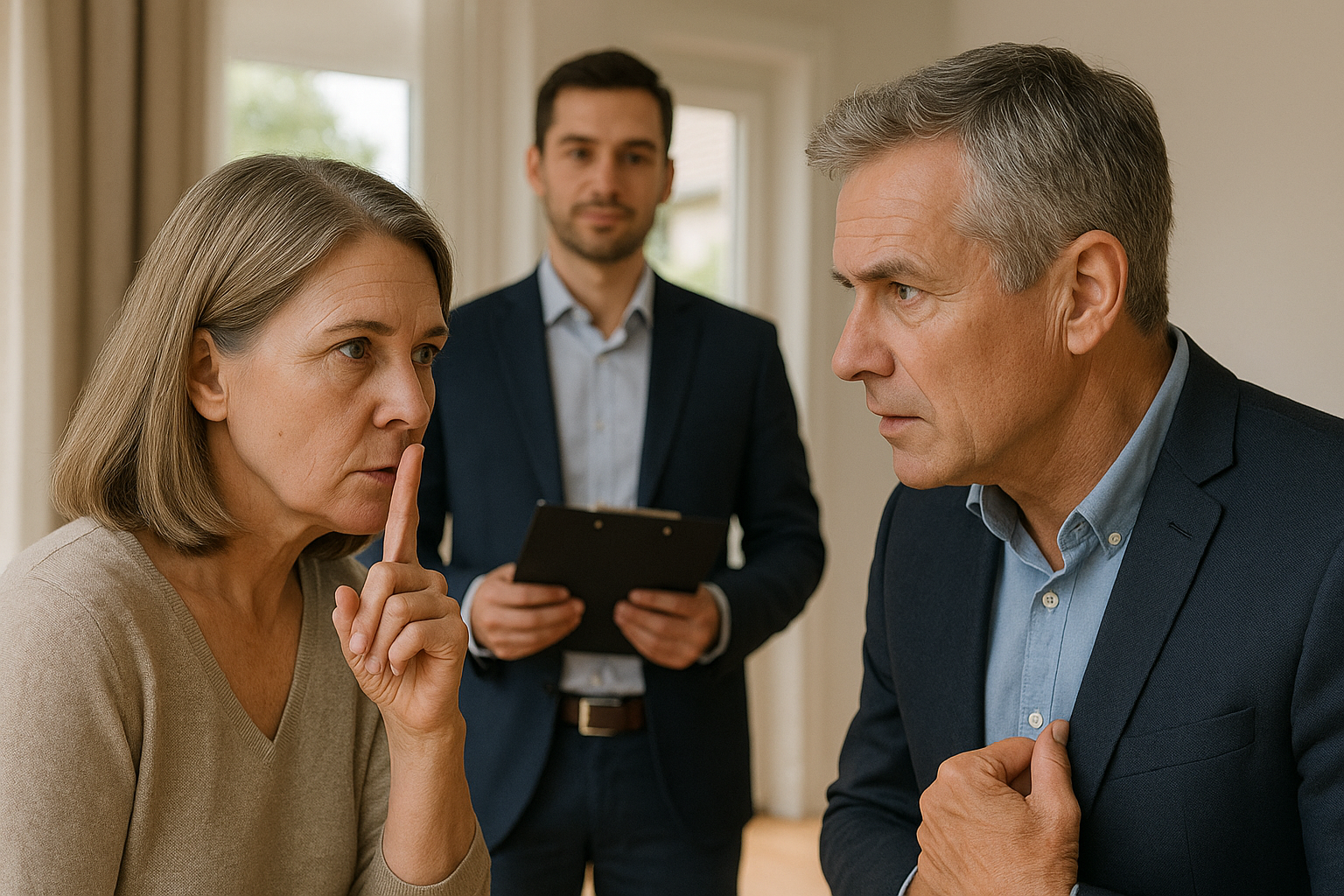 Zwei Personen führen in einer modernen Wohnung ein vertrauliches Gespräch, während ein Immobilienmakler im Hintergrund steht. Die Szene vermittelt Diskretion und Vertrauen beim privaten Immobilienverkauf.