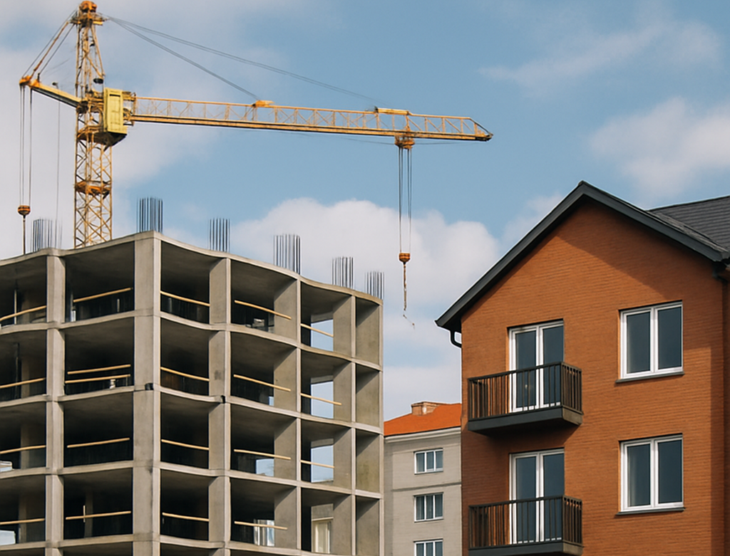 Unfertiger Rohbau mit Baukran neben modernem Wohnhaus aus rotem Backstein.
