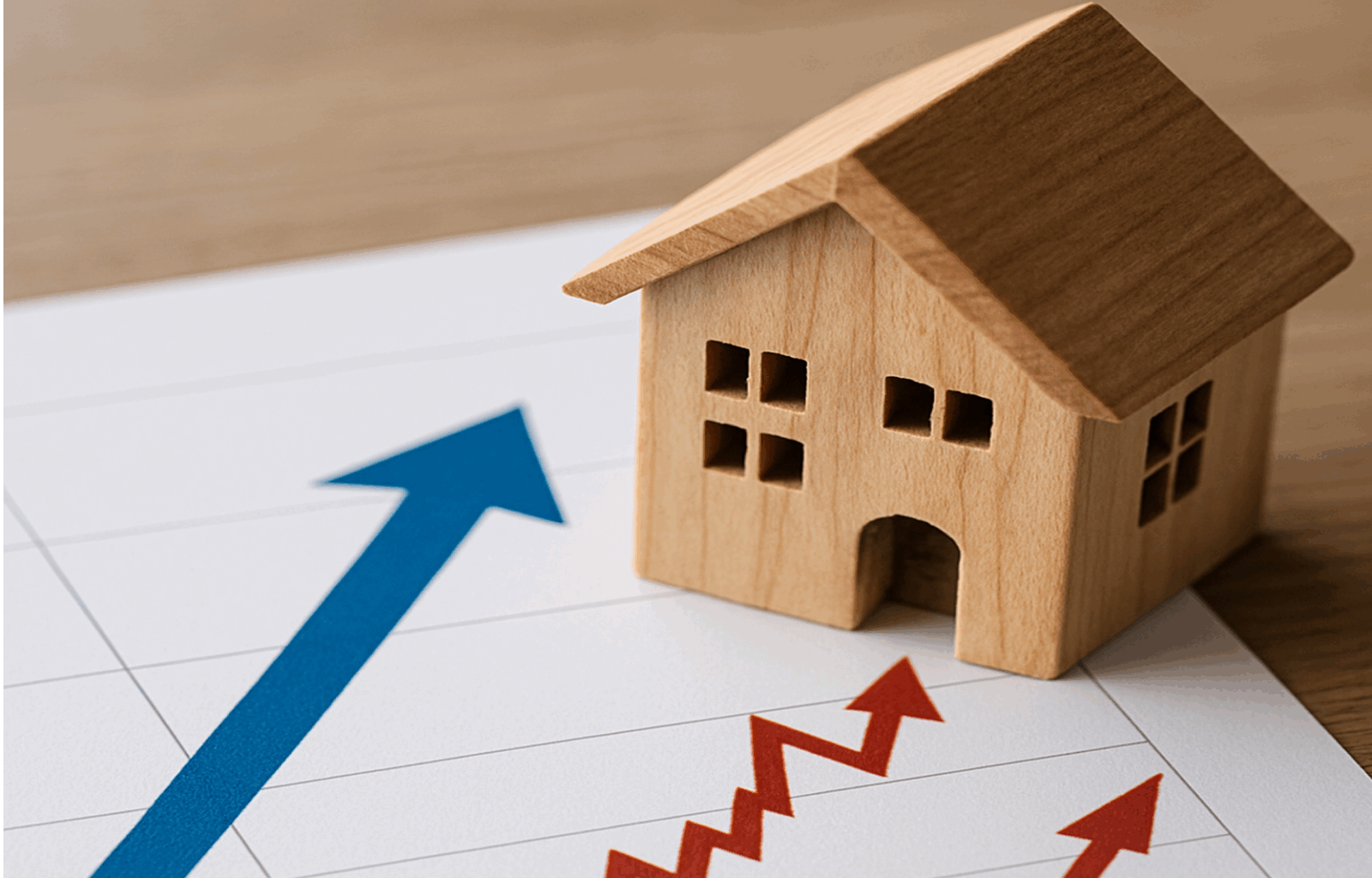 "Ein kleines Holzhaus steht auf einem Diagramm mit aufwärts gerichteten Pfeilen, die steigende Marktentwicklung symbolisieren.