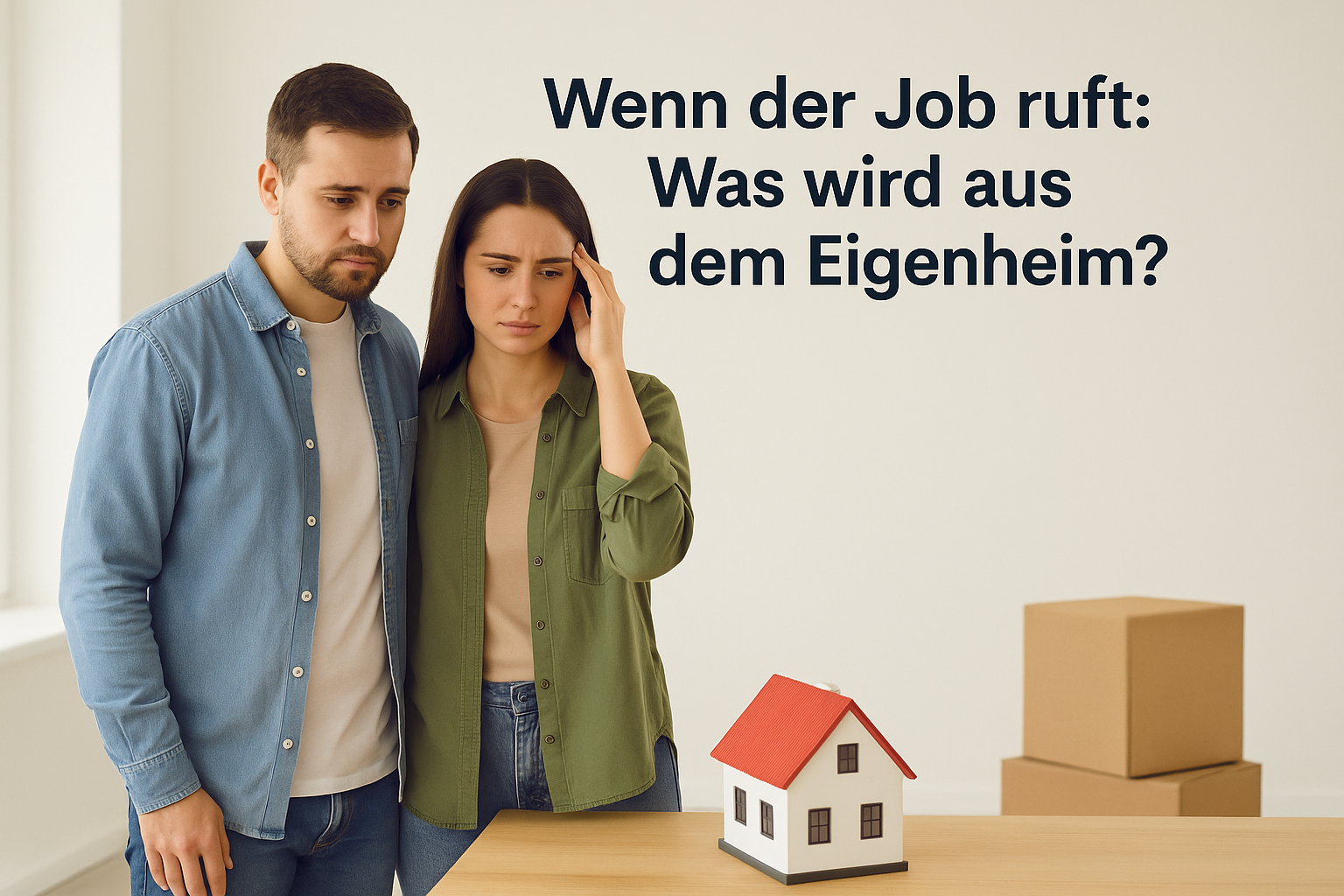 Ein junges Paar steht nachdenklich vor einem Modellhaus auf dem Tisch, im Hintergrund Umzugskartons