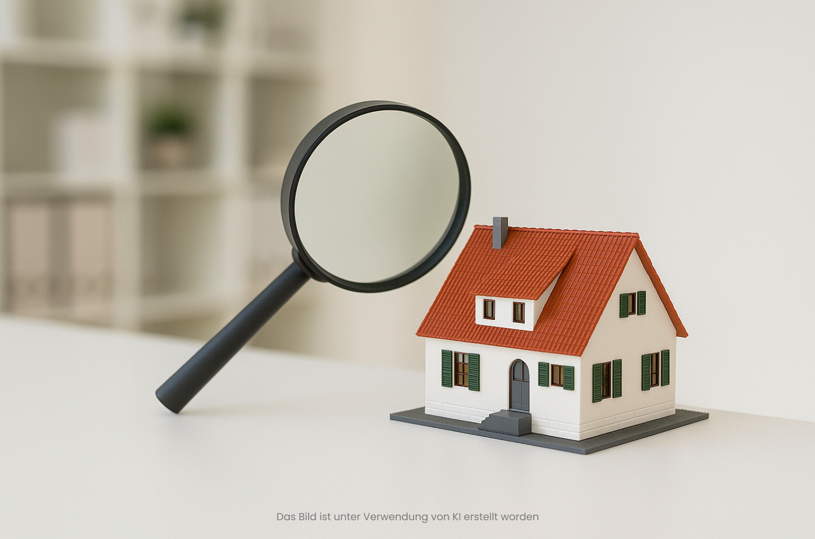Ein Modellhaus mit Lupe – Symbol für die Suche nach der richtigen Anlageimmobilie.