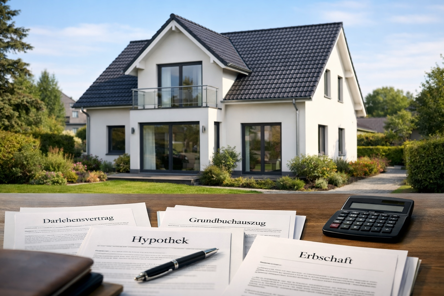 Modernes Einfamilienhaus in NRW mit gepflegtem Garten; im Vordergrund dezente Immobilien- und Bankunterlagen (Darlehensvertrag, Hypothek, Grundbuchauszug) mit Rechner und Stift.