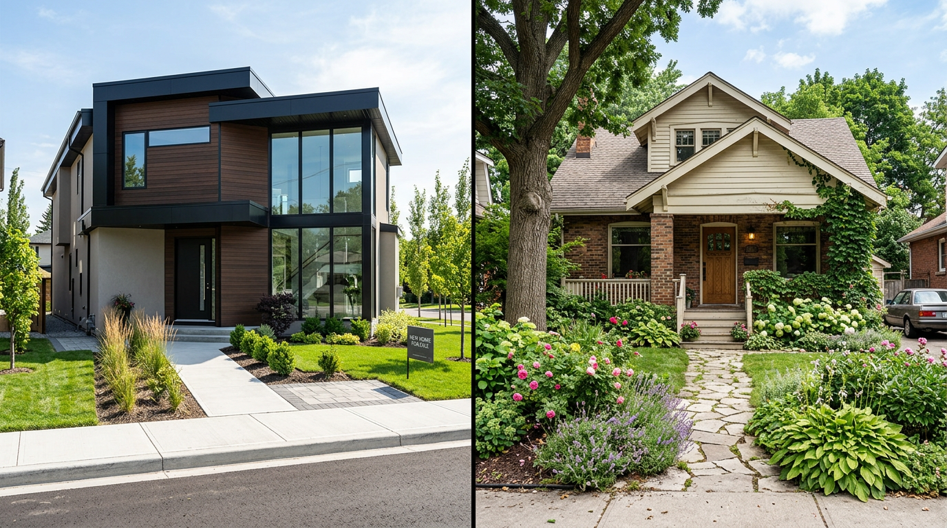 Firefly_Gemini Flash_Neubau oder Bestand Neubau und Altbau nebeneinander